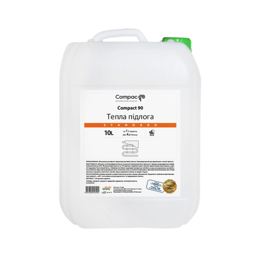Пластификатор Тёплый пол Compact 90 Standard для бетона стяжки 10 л